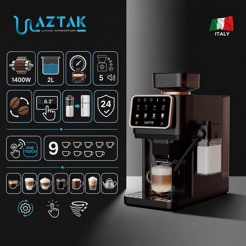اسپرسوساز تمام اتوماتیک آزتک مدل A-8102 با فشار بخار 25 بار، آسیاب قهوه 12 مرحله‌ای، نمایشگر LCD و مخزن آب 2 لیتری 7