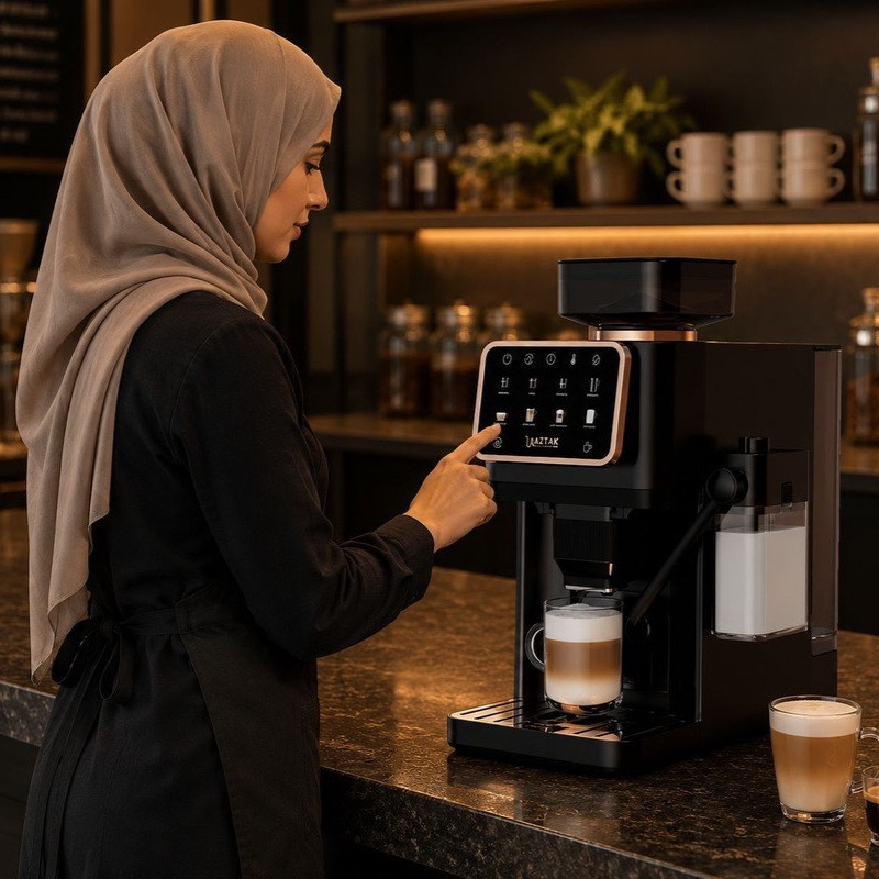 اسپرسوساز تمام اتوماتیک آزتک مدل A-8102 با فشار بخار 25 بار، آسیاب قهوه 12 مرحله‌ای، نمایشگر LCD و مخزن آب 2 لیتری 8