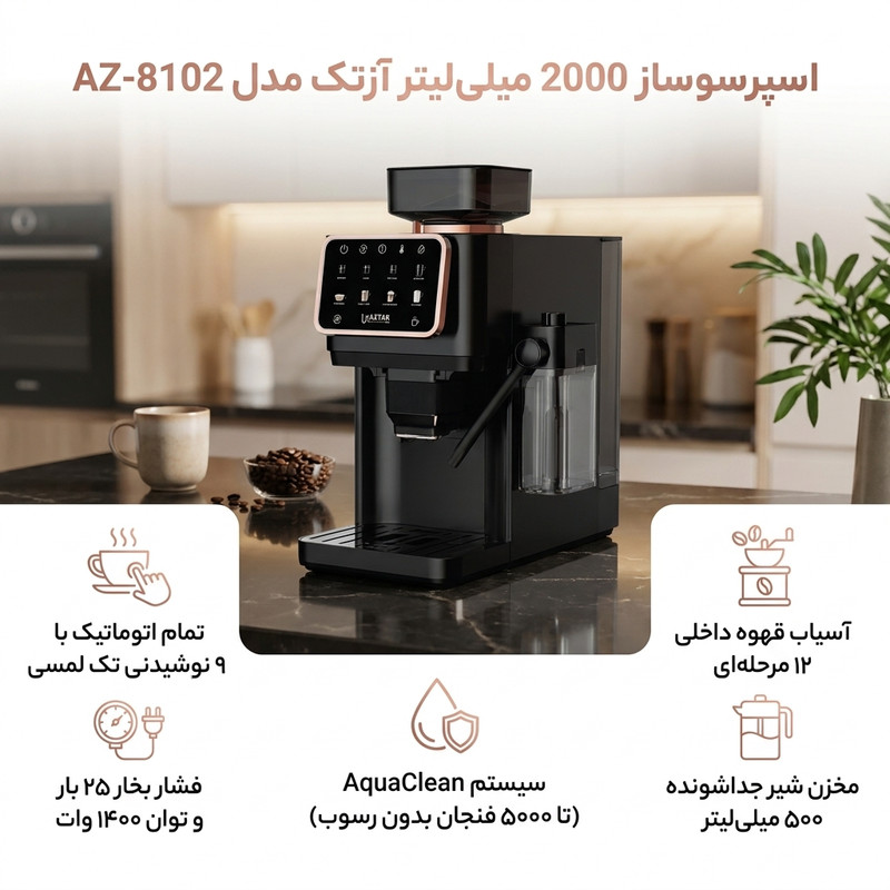 اسپرسوساز تمام اتوماتیک آزتک مدل A-8102 با فشار بخار 25 بار، آسیاب قهوه 12 مرحله‌ای، نمایشگر LCD و مخزن آب 2 لیتری 10