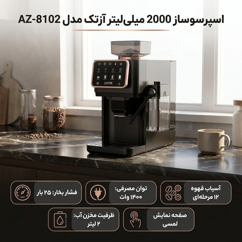 اسپرسوساز تمام اتوماتیک آزتک مدل A-8102 با فشار بخار 25 بار، آسیاب قهوه 12 مرحله‌ای، نمایشگر LCD و مخزن آب 2 لیتری 11