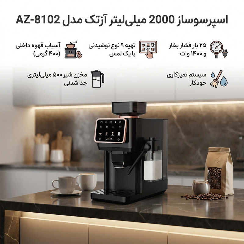 اسپرسوساز تمام اتوماتیک آزتک مدل A-8102 با فشار بخار 25 بار، آسیاب قهوه 12 مرحله‌ای، نمایشگر LCD و مخزن آب 2 لیتری 13