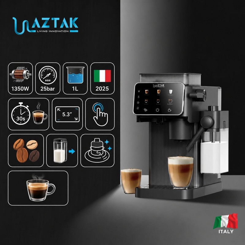 اسپرسوساز تمام‌اتوماتیک نیمه‌صنعتی 1 لیتری آزتک مدل AZ-8103 با فشار بخار 25 بار، آسیاب 12 مرحله‌ای و نازل بخار اتوماتیک، دارای ن 7