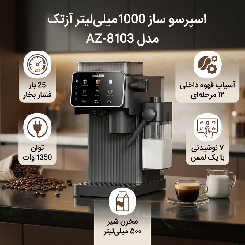 اسپرسوساز تمام‌اتوماتیک نیمه‌صنعتی 1 لیتری آزتک مدل AZ-8103 با فشار بخار 25 بار، آسیاب 12 مرحله‌ای و نازل بخار اتوماتیک، دارای ن 11