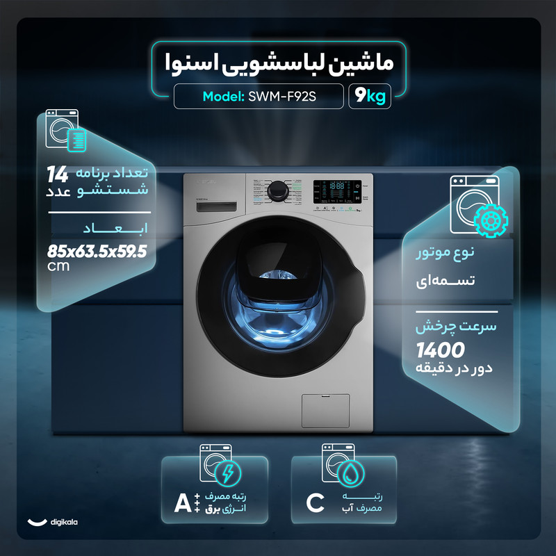 ماشین لباسشویی 9 کیلوگرم اتوماتیک اسنوا مدل SWM-F92S 7