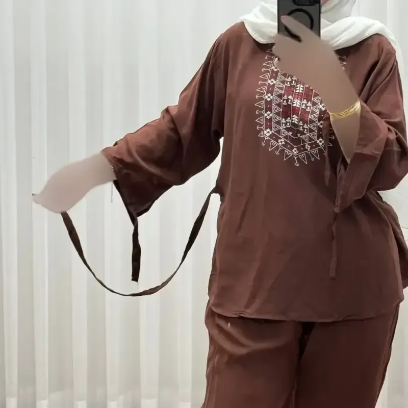 بلوز شلوار نخی مدل آیدا چاپی فری سایز مناسب تا سایز 50 شسته شده بدون آبرفت و رنگ رفت کمربند دار چهار فصل 3