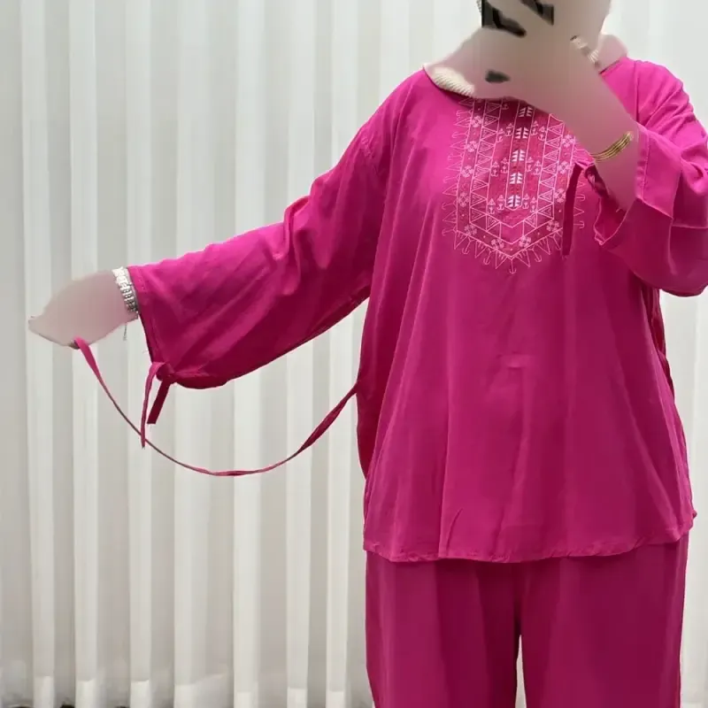 بلوز شلوار نخی مدل آیدا چاپی فری سایز مناسب تا سایز 50 شسته شده بدون آبرفت و رنگ رفت کمربند دار چهار فصل 6
