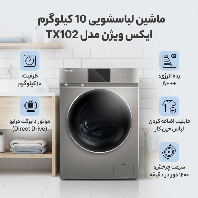 ماشین لباسشویی 10 کیلوگرم اتوماتیک ایکس ویژن مدل TX102-AWD/ASD 5