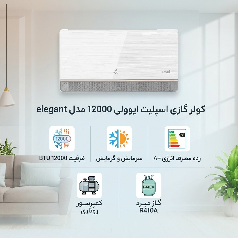کولر گازی اسپلیت 12000 دور ثابت ایوولی مدل elegant 4