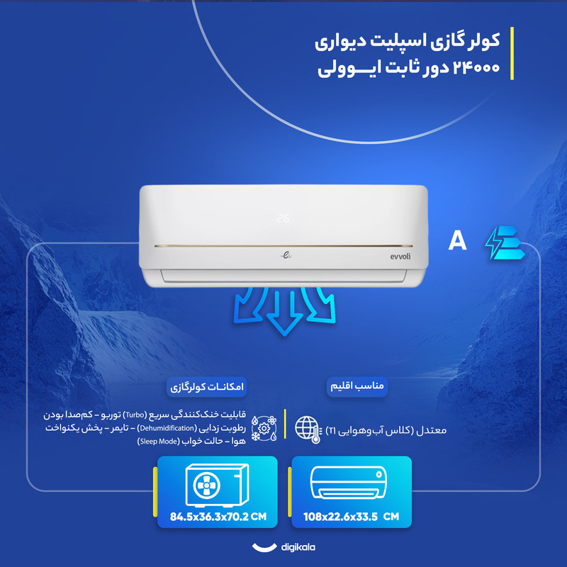 کولر گازی اسپلیت دیواری 24000 دور ثابت ایوولی مدل EVCIS-24K-MD-1 6